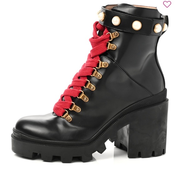Gucci Magnum calfskin pearl lace up combat ankle boots black red laces size 37 - Picture 1 of 16